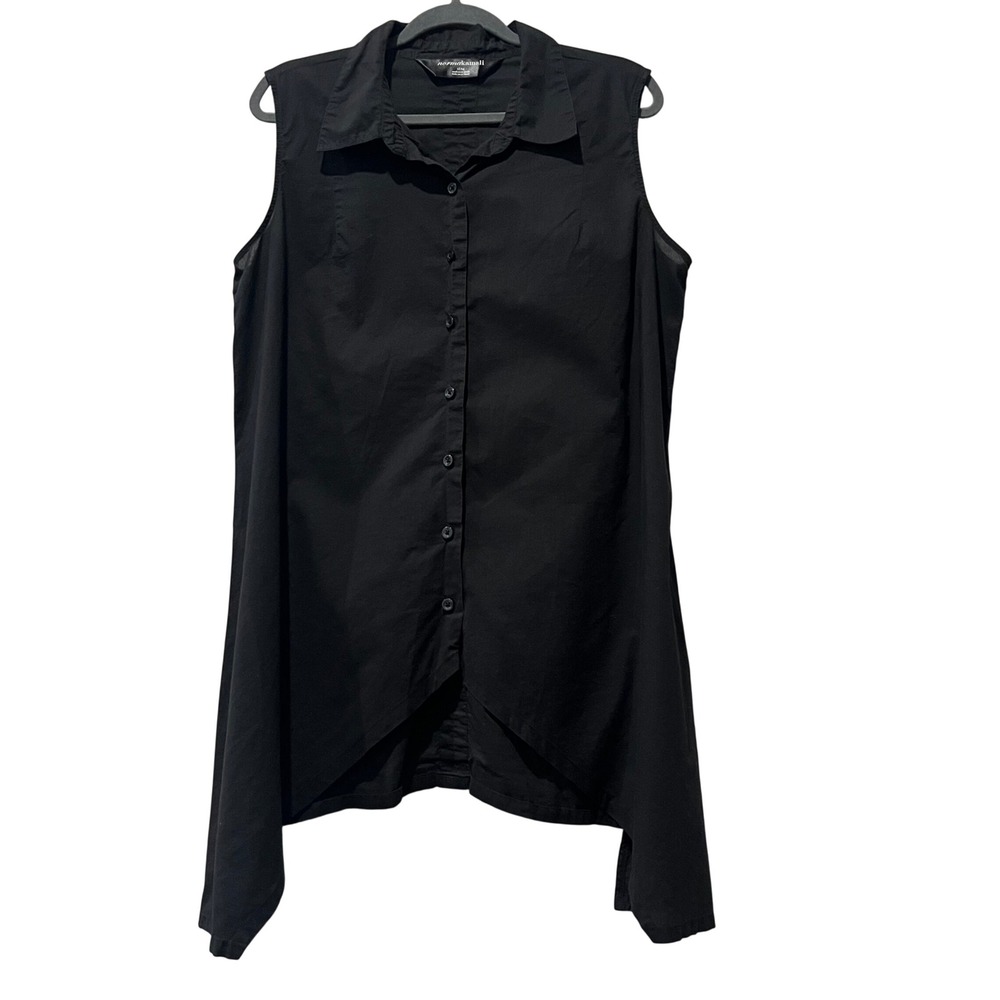 Norma Kamali Sleeveless Collared Tunic Shirt‎ Button Front Black Asymmetrical XL
